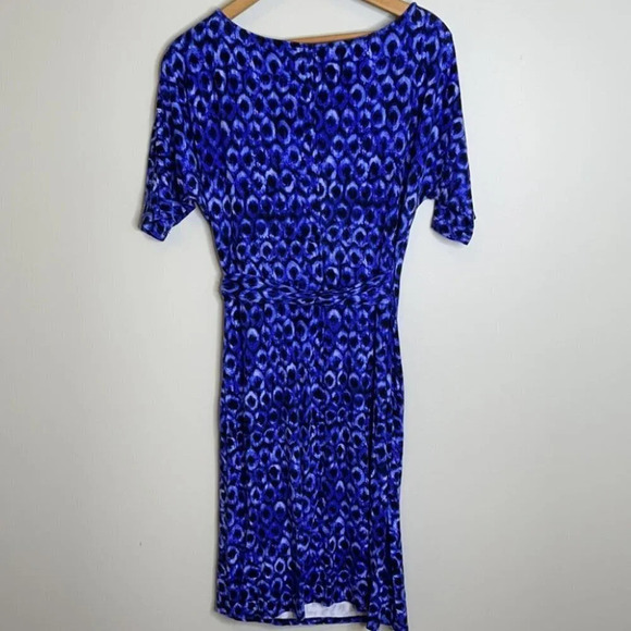 ANN TAYLOR Ruched Tied Waist Dress Blue Print Draped Dolman Sleeve Size M - Picture 7 of 11